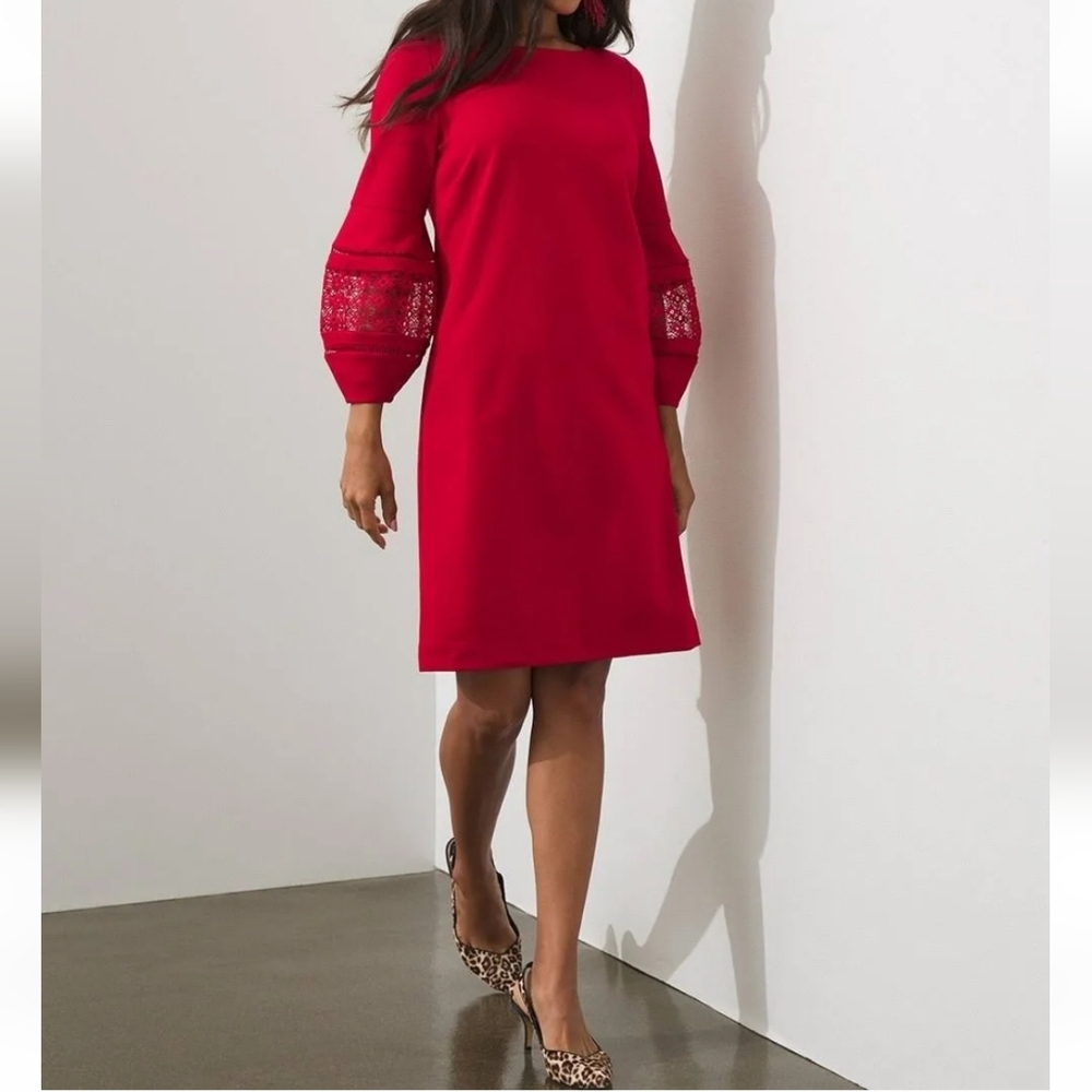Chico’s Wild Poppy Eyelet Balloon Sleeve Red Ponte Dress Size 4 NWT
